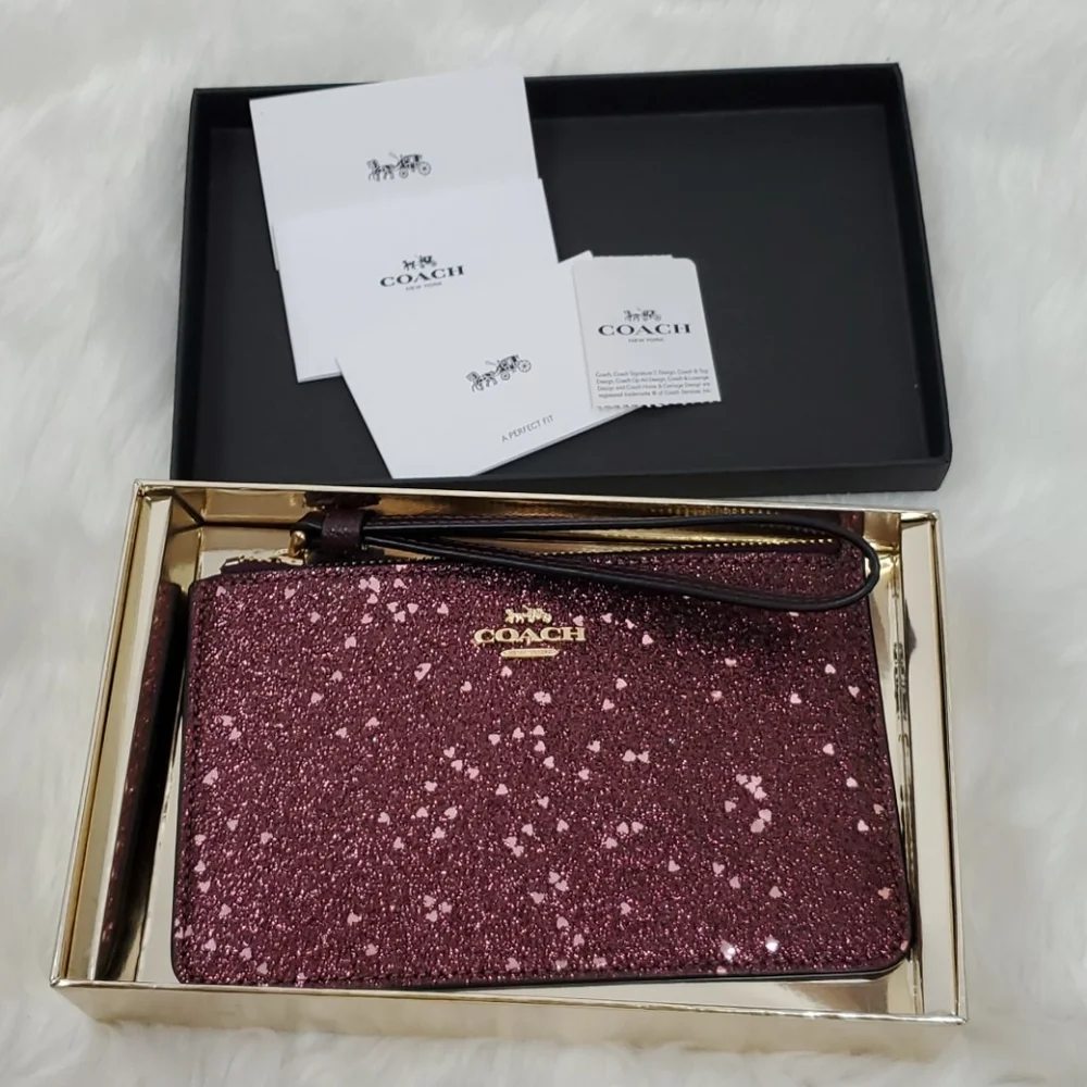 Coach Rasberry glitters wristlet bag purse original box New